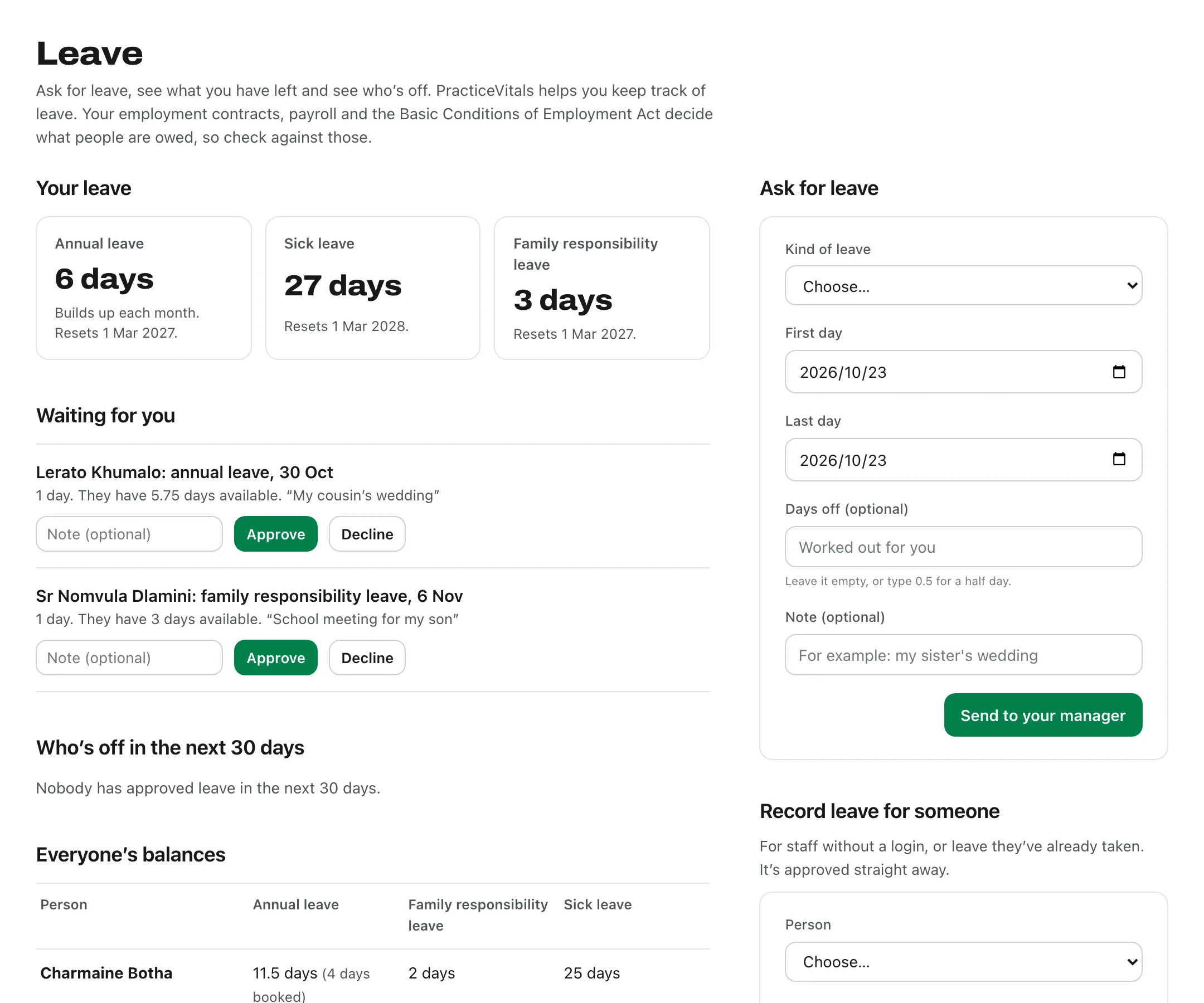 The leave page: a request waiting for approval, and each person’s days left by type of leave.