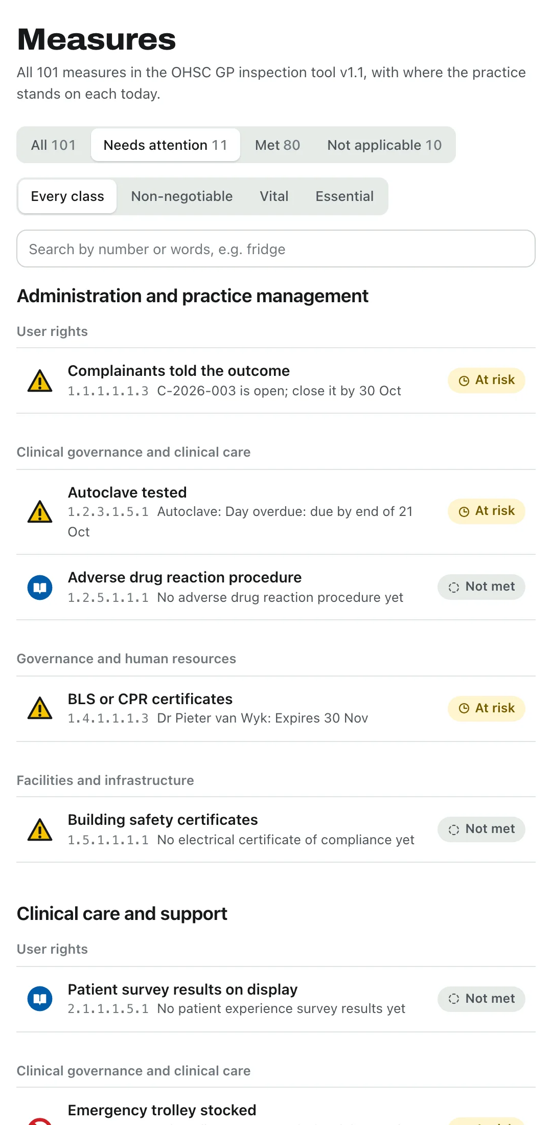 The measures page, filtered to the 11 that need attention.
