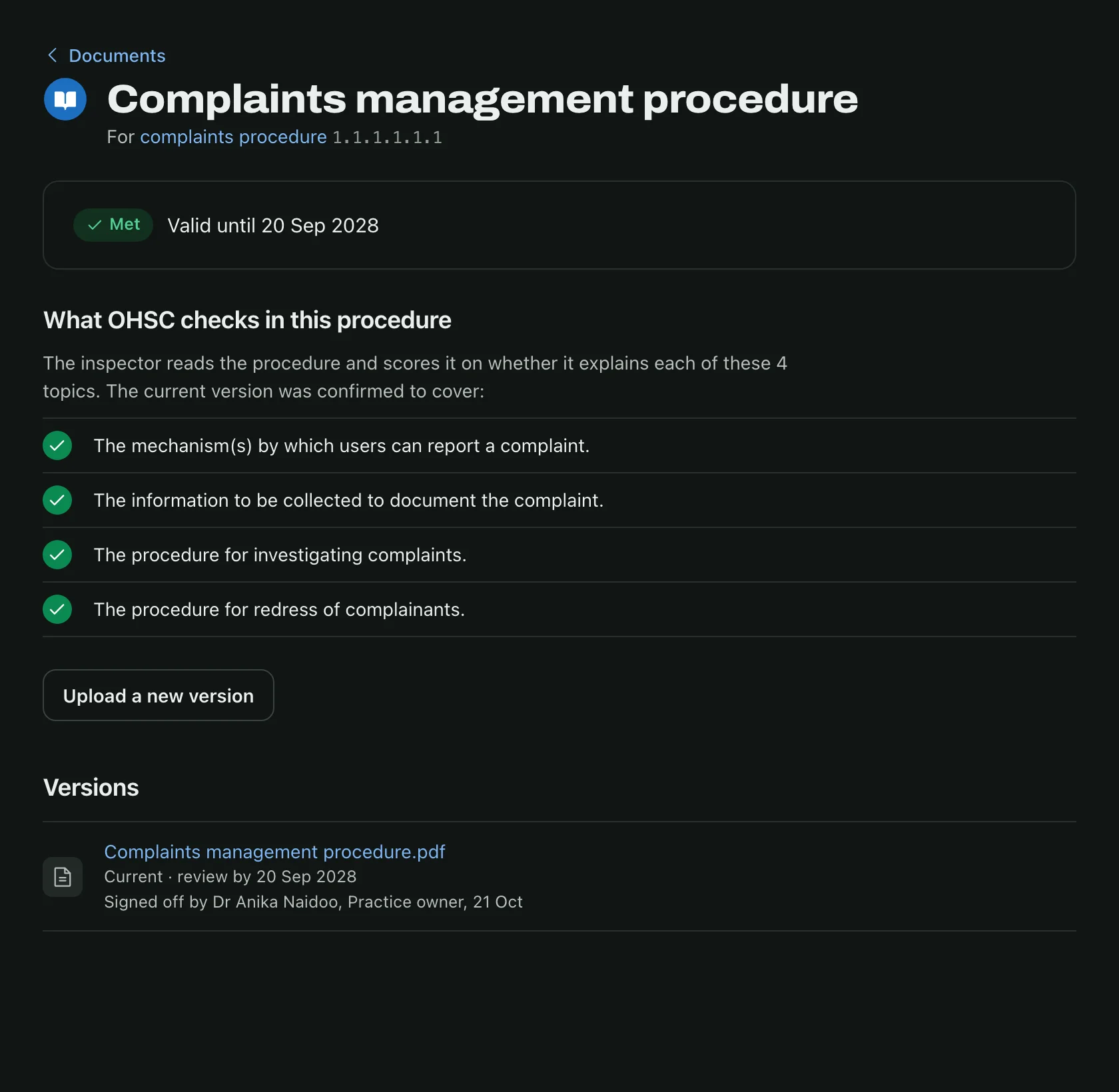 The complaints procedure in PracticeVitals: met and valid until 20 September 2028, with all four topics the OHSC checks ticked off.