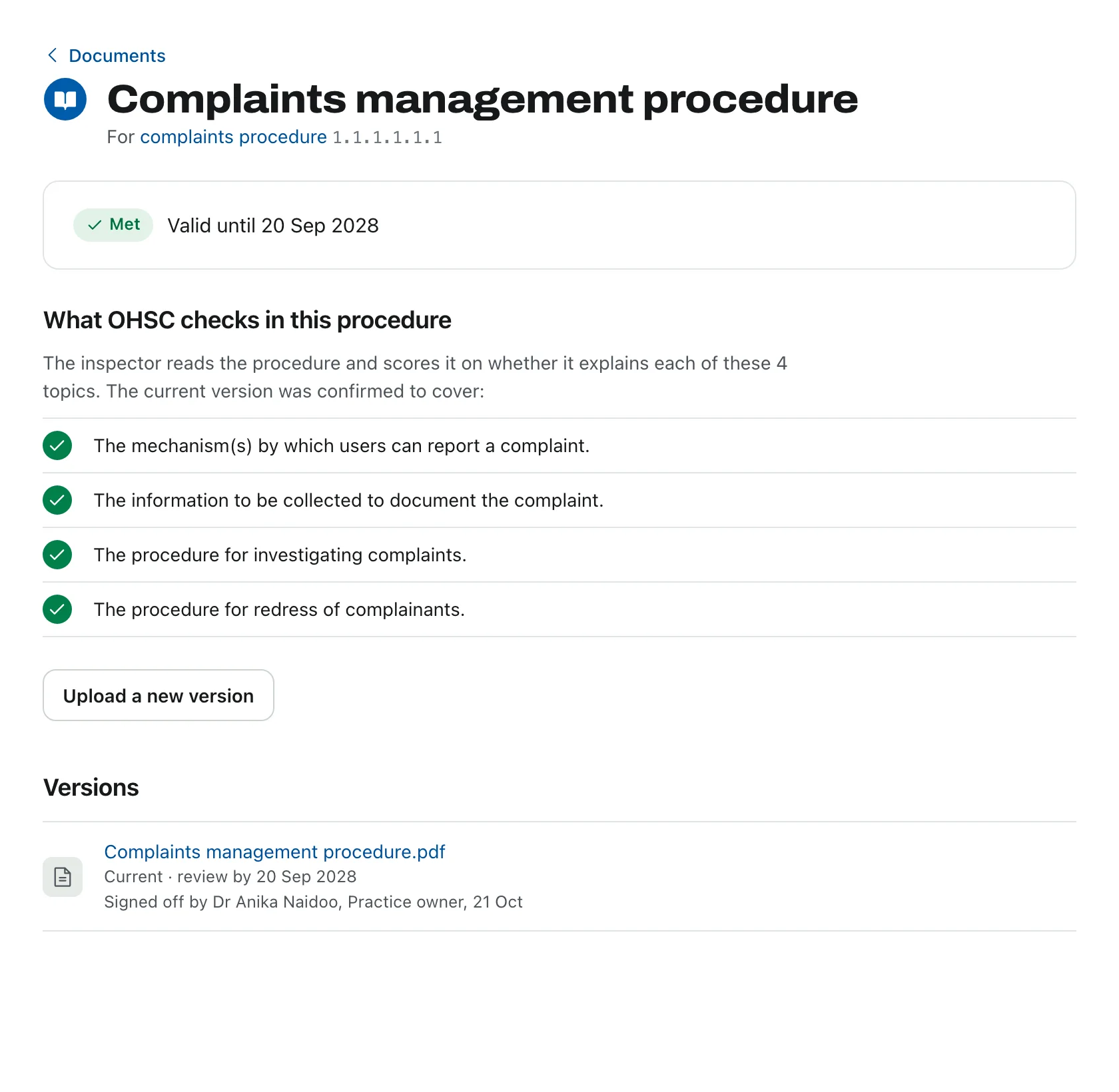 The complaints procedure: met and valid until 20 September 2028, with all four topics the OHSC checks ticked off.