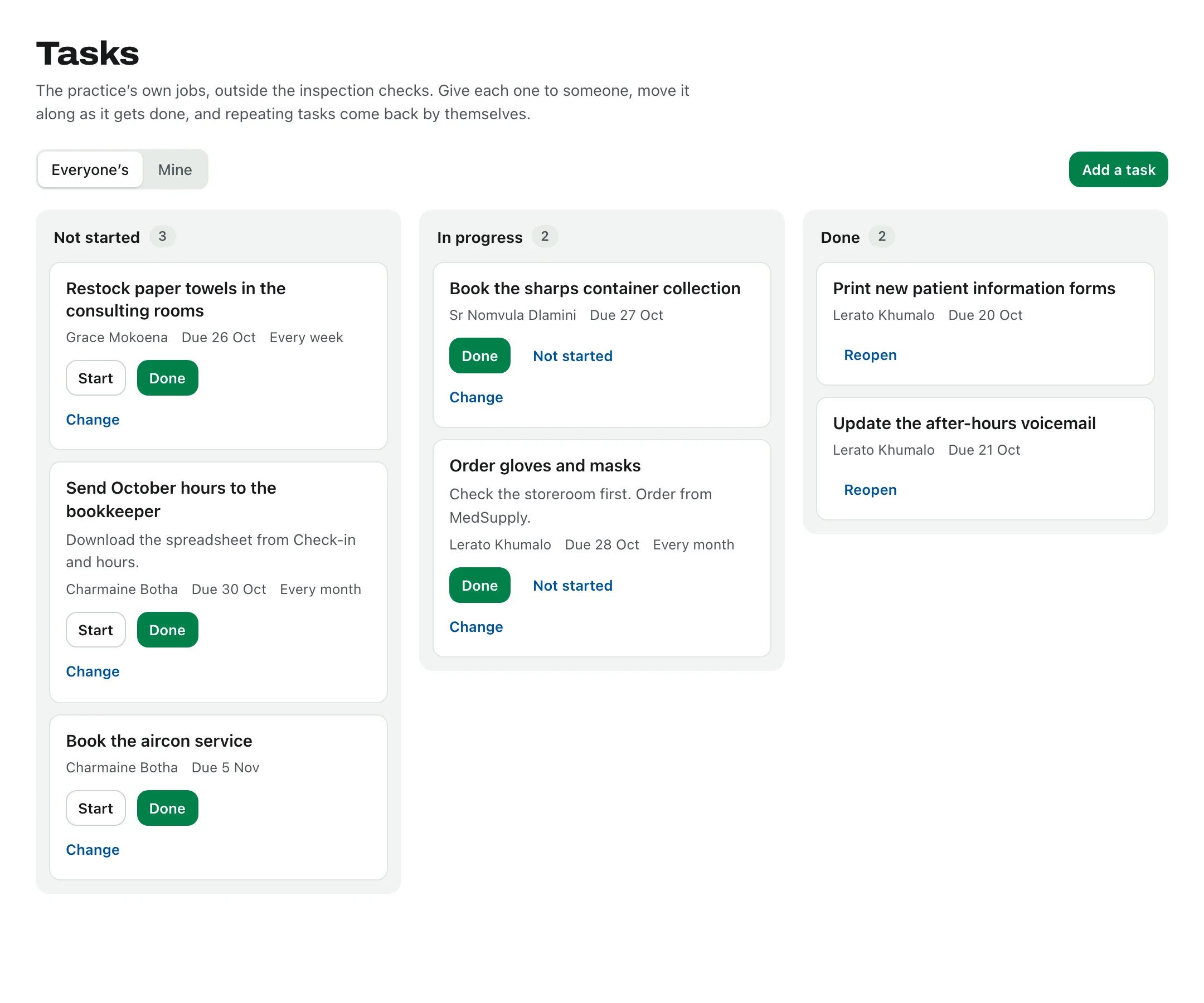 The task board: jobs not started, in progress and done, each with who it’s for and when it’s due.