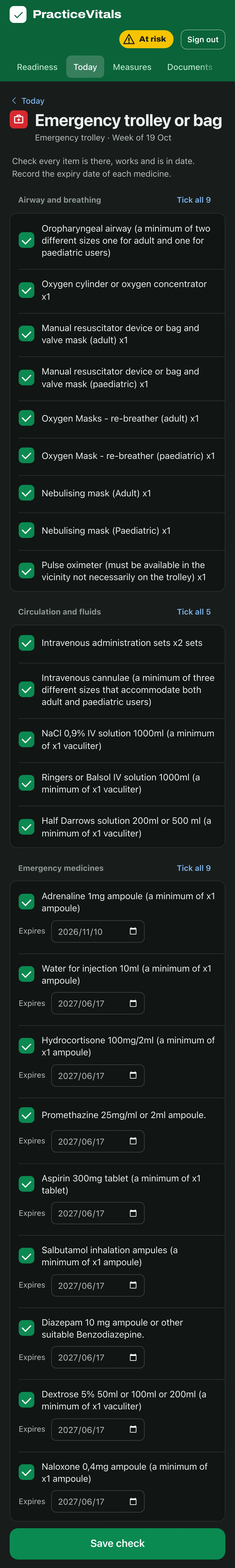The weekly trolley check on a phone: every item ticked, and each emergency medicine with its expiry date.